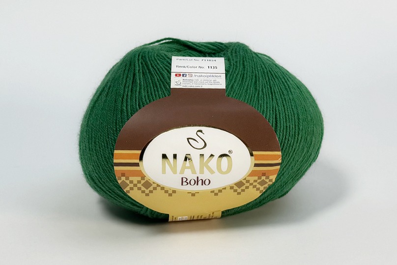 Пряжа NAKO Boho вовна 75%, акрил 25% зелений 400м(100гр) 01135